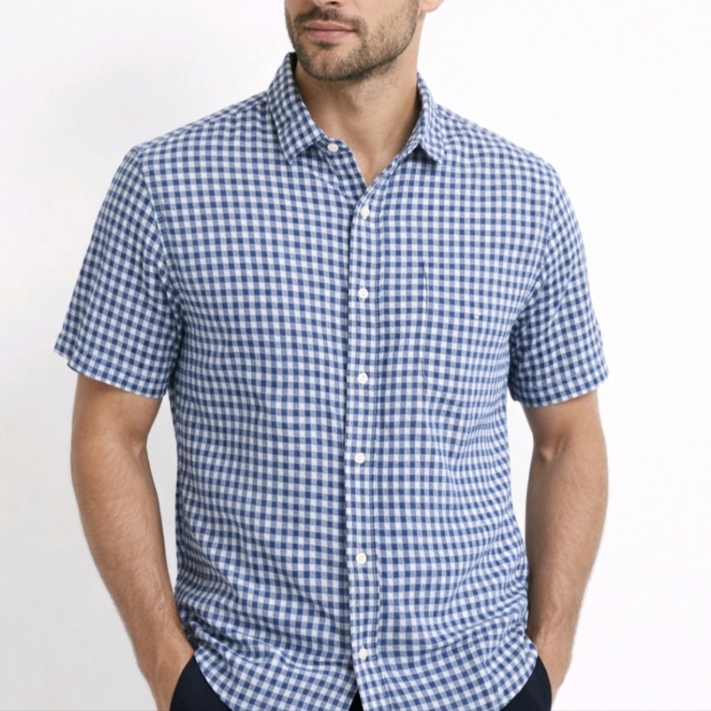 UNTUCKit Men's Shirt Linen Blue Gingham Check Short Sleeve Button Up Size XL